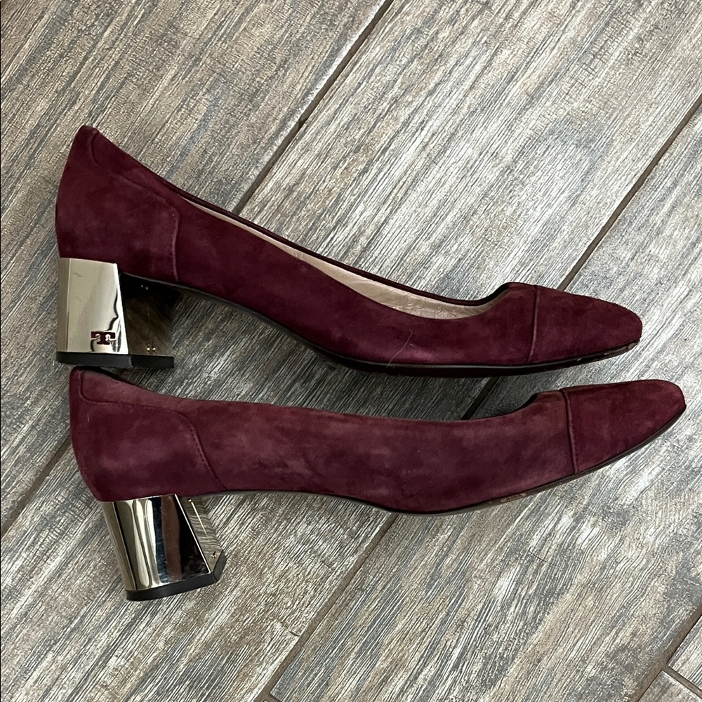 Tory Burch Evelyn Plum Maroon Suede Block Heels Size 9.5 M Shoes - Picture 7 of 14
